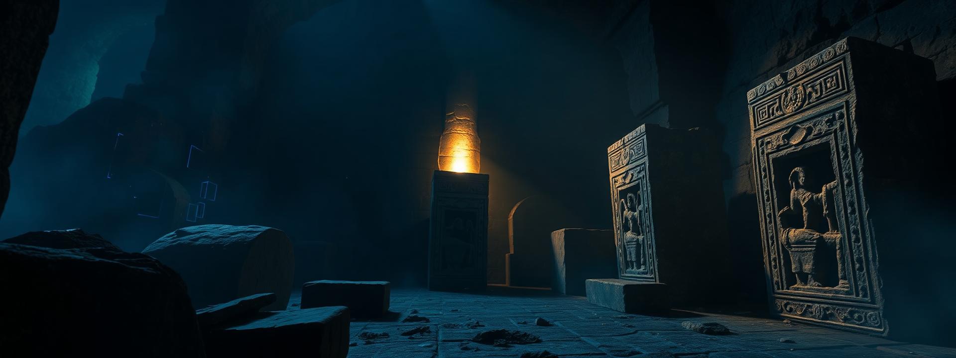 Cinematic still blending ancient archaeological objects with emerging creative technology