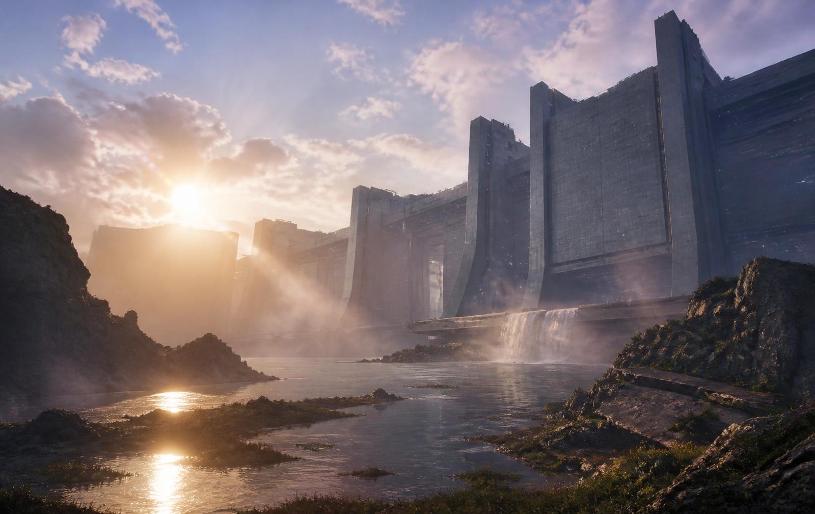 Vast misty valley with monumental brutalist architecture under hazy sun