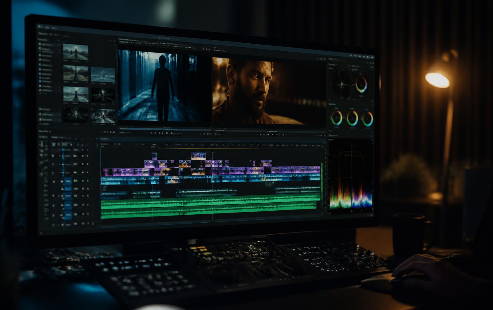 Abstract anamorphic blue light streak across a dark grainy frame